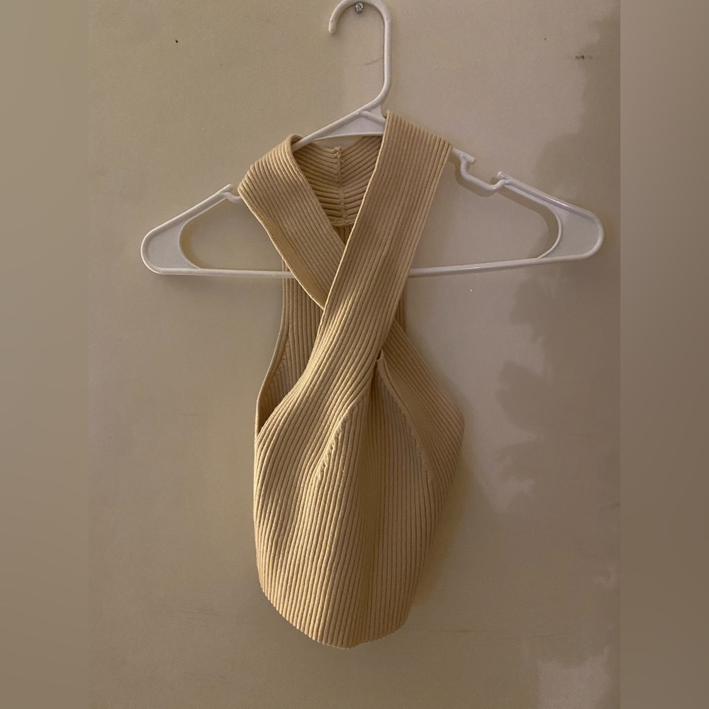 Cross-Neck Sweater Cream Crop Top